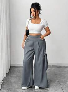 Elenzga Quần ống loe cạp cao có nơ túi cỡ lớn cho nữ dài màu xám, thích hợp cho các dịp đi nghỉ, đi làm, thường ngày, du lịch - Xám - Xem 5