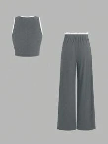 SHEIN Unity 女式夏季短款吊带背心和腰带短裤两件套，休闲 - 灰色 - 查看 2