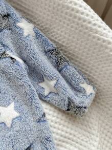 Baby Boys Blue Warm Thermal Lined Star Print Hooded Zipper Front Jumpsuit, All-Match Outfit For Fall & Winter - Blue - View 5