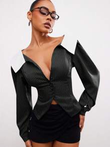 Hauture Top femme à rayures gris et blanc avec col blanc, col V et épaules dénudées - Noir - Voir 1