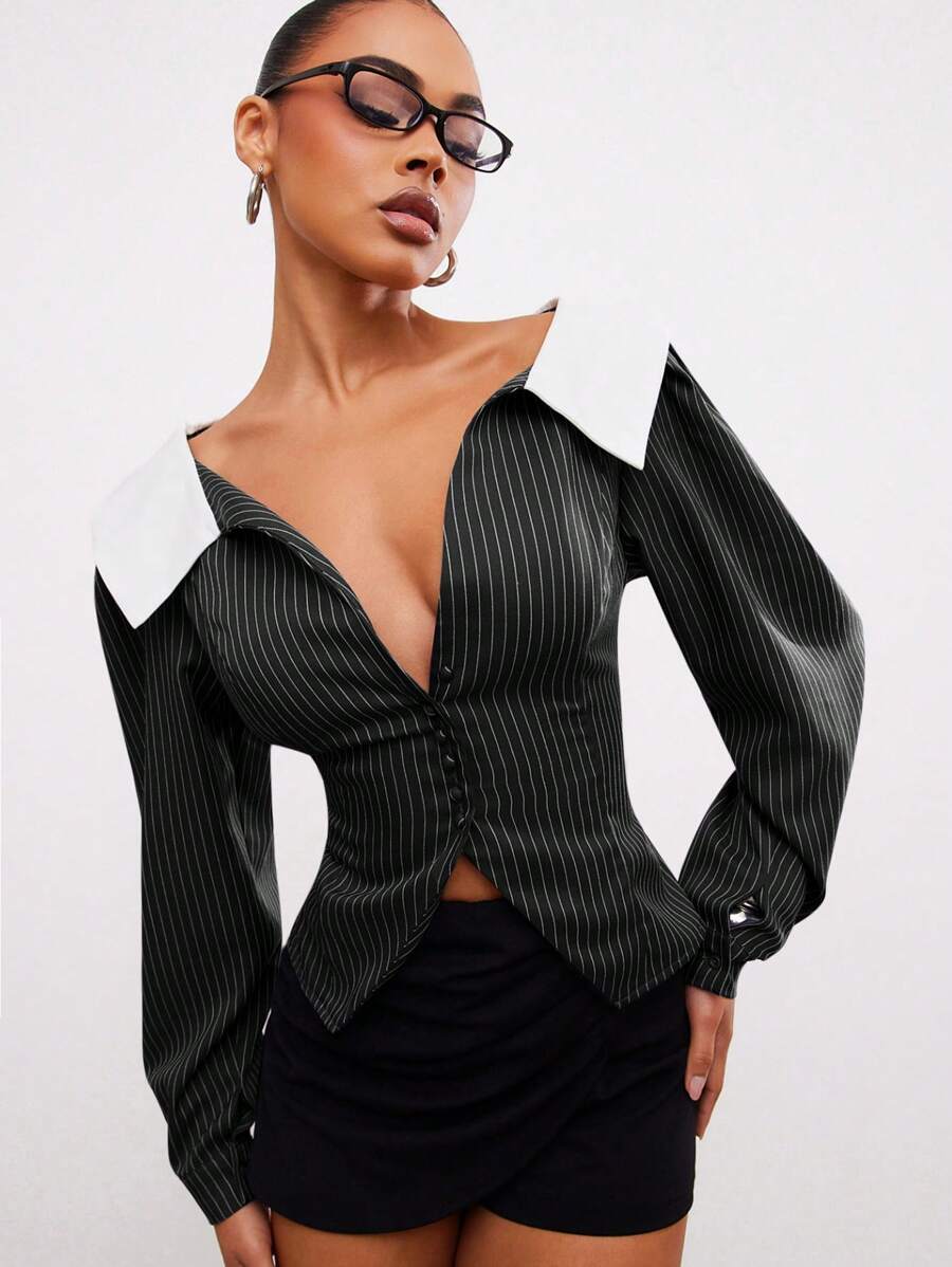 Hauture Top femme à rayures gris et blanc avec col blanc, col V et épaules dénudées - Noir - Voir 1