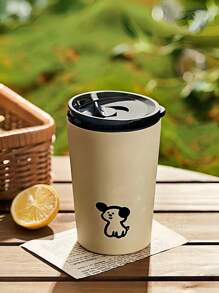 1pc Lovely Puppy Printed Coffee Cup With Lid, Stainless Steel Insulated Water Bottle Mini Portable Travel Cup Outdoor Mug - Mustard Yellow - View 10