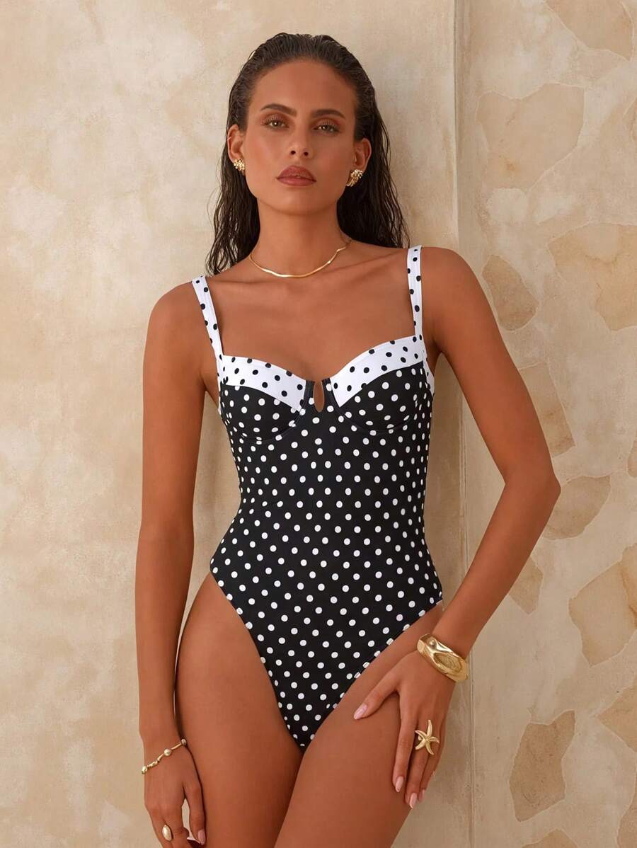Swim Chiccia Women's Summer Beach Vacation Wide Strap Black White Polka Dot Print Steel Boned Backless Patchwork One-Piece Swimsuit - Black - View 1