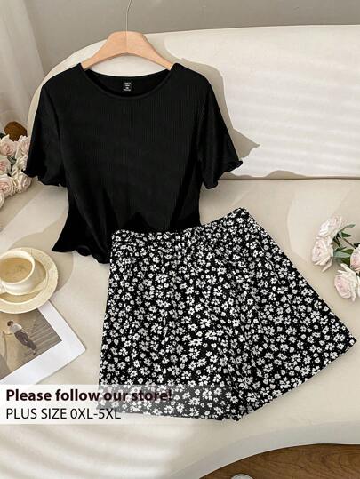 CosyJoli Conjunto de verano de talla grande: Top acanalado negro y falda con estampa de margaritas, conjunto de 2 piezas para mujer