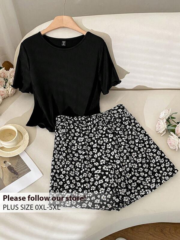 CosyJoli Conjunto de verano de talla grande: Top acanalado negro y falda con estampa de margaritas, conjunto de 2 piezas para mujer