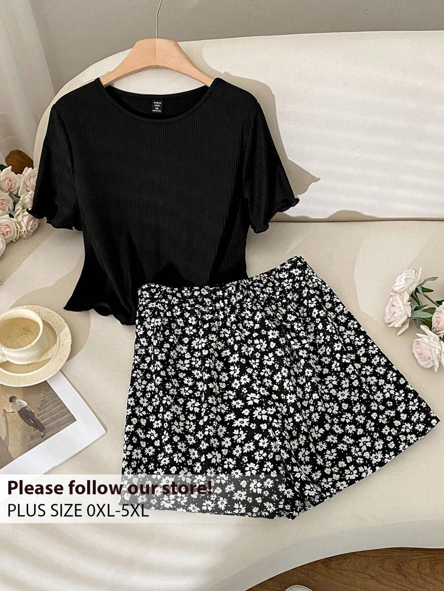 CosyJoli 大码夏季套装：黑色罗纹上衣和雏菊印花裙，女式两件套服装