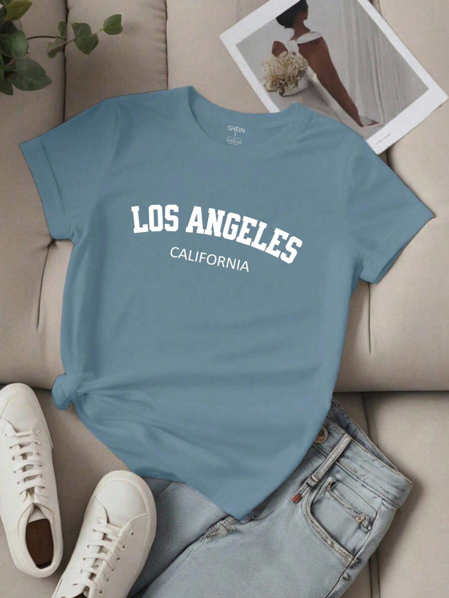 SHEIN Unity Women's Letter Printed Short Sleeve Top LOS ANGELES Graphic Tees Women Tops - Dusty Blue - View 1