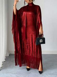 Elenzga Plus Size Women High Collar Batwing Sleeve Fringed Elegant Solid Color Dress - Red - View 4
