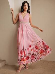 Anewsta French Lady-Like Floral Print V-Neck Sleeveless Pleated Maxi Dress - Pink - View 6