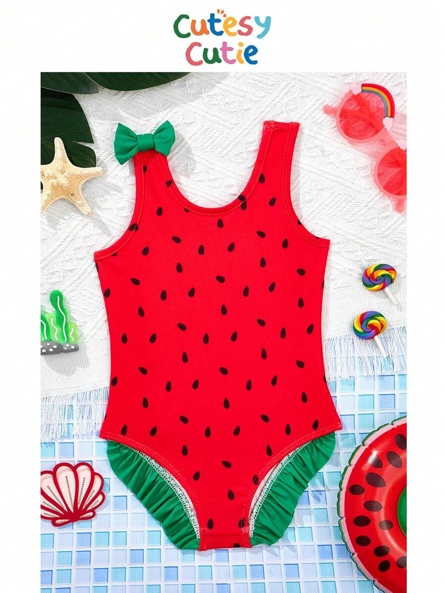 SHEIN Baby Mädchen Lässig Sommer niedlichen Wassermelonen bedruckter Tankini Badeanzug