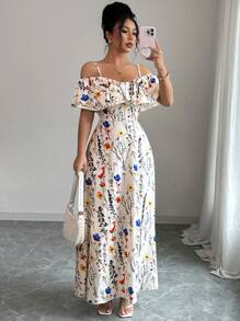 Elenzga 女士优雅花卉印花露肩高开衩连衣裙，夏季 - 彩色 - 查看 1