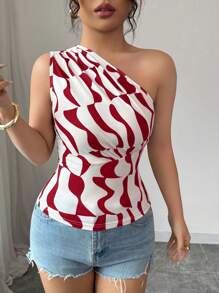 Selianne New Summer Women Sexy Asymmetrical Pleated Asymmetrical Geometric Print Blouse - Burgundy - View 7