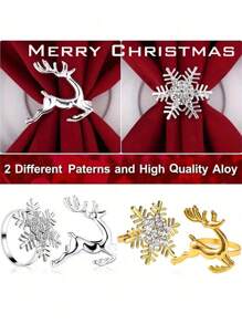 1pc/6pcs/12pcs Christmas Napkin Rings, Gold/Silver Snowflake & Deer Shape Solid Color Alloy Polished Metal Rings, Carved Openwork Design, Christmas Decorations, Tabletop Decor, Wedding, Birthday, Party - Multicolor - View 6