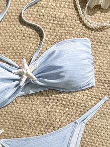 SHEIN Bộ 2 đồ mặc đi biển cho nữ, áo crop top hở lưng vải họa tiết gợi cảm có dây buộc có thể điều chỉnh ở phần dưới bikini - Màu xanh nhạt - Xem 3