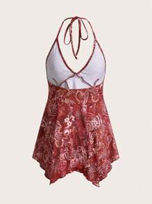 SHEIN ICON 女士春夏外出度假休闲复古印花露背吊带衫 Y2K V 领西部风女士波西米亚海滩女士嬉皮娃娃上衣 - 酒紅色 - 查看 2