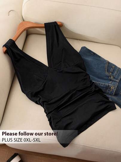 CosyJoli Blusa sin mangas de mujer de corte ajustado con cuello en V, volantes y estilo casual francés en color negro, nueva llegada para la primavera, talla grande