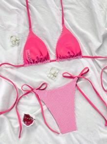 Swim Mod 2 件套全新皱褶粉色条纹细肩带扭纹侧丁字裤比基尼套装，女士泳装，海滩度假 - 粉色 - 查看 3