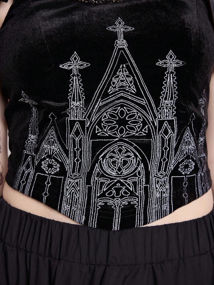 ROMWE Goth 女式哥特式宫殿城堡十字刺绣方领蕾丝边拼接黑色十字交叉短款上衣紧身胸衣 - 黑色 - 查看 7