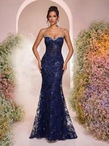 Glamrae Elegant Diamond Chain Spaghetti Strap Bustier See-Through Mesh Hollow-Out Cup Fish Tail Trimmed Backless Adjustable Tie Long Evening Gown