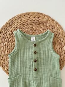 Mono de tirantes de gasa verde casual y versátil para bebé recién nacido niño, adecuado para la playa y salidas - Multicolor - Ver 5