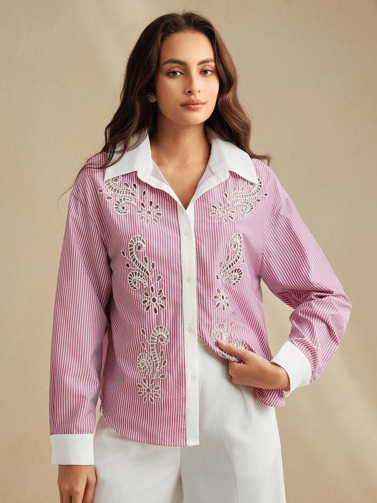 Women's Fashionable Summer New Embroidered Pearl Beaded Hollow Stitching Contrast Color Shirt