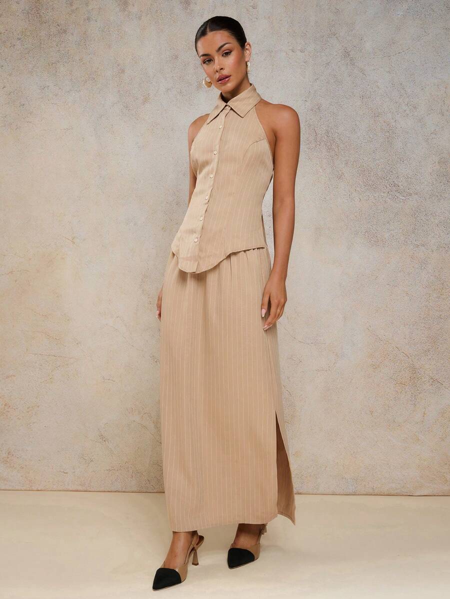 COSMINA Women Elegant Holiday Striped Sleeveless 2 Pieces Set, Spring/Summer Tan Two Pieces Set - Khaki - View 1