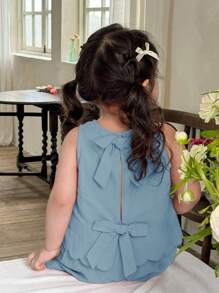 LMoss Kids 2件套女婴纯色圆领休闲上衣和短裤套装 - 藍色 - 查看 4