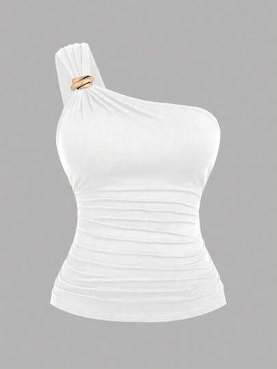 DreamSkyne Blusa negra de talla grande para mujer con un hombro, ajustada, con decoración de metal y botones