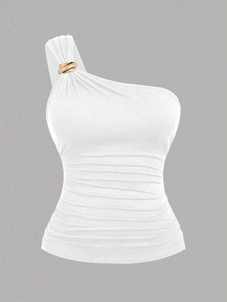 DreamSkyne 女式加大码优雅单肩修身黑色金属装饰纽扣衬衫 - 白色 - 查看 1