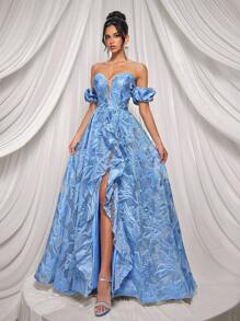 Glamrae 优雅银绿色奢华浪漫提花露肩露肩可拆卸 3D 褶袖长裙，超大褶皱下摆，高开衩，可调节后院系带，适合海滩度假、生日、派对、舞会、婚礼和正式活动 - 薄荷綠 - 查看 6