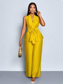SOLERSUN Setelan Wanita 2pcs/Set Warna Polos Bahan Mirip Linen, Blus Tanpa Lengan Leher V dengan Sabuk dan Celana Panjang Lebar - Mustard Yellow - View 5