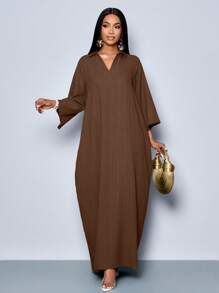 SOLERSUN 女士时尚 V 领宽松蝙蝠袖无腰带连衣裙，适合假日长款女装 - 咖啡 - 查看 6