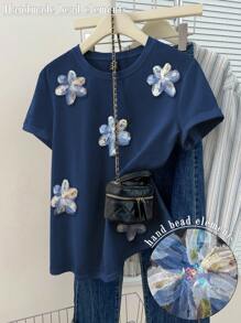 女士休闲短袖 3D 花卉装饰 T 恤 - 藍色 - 查看 1