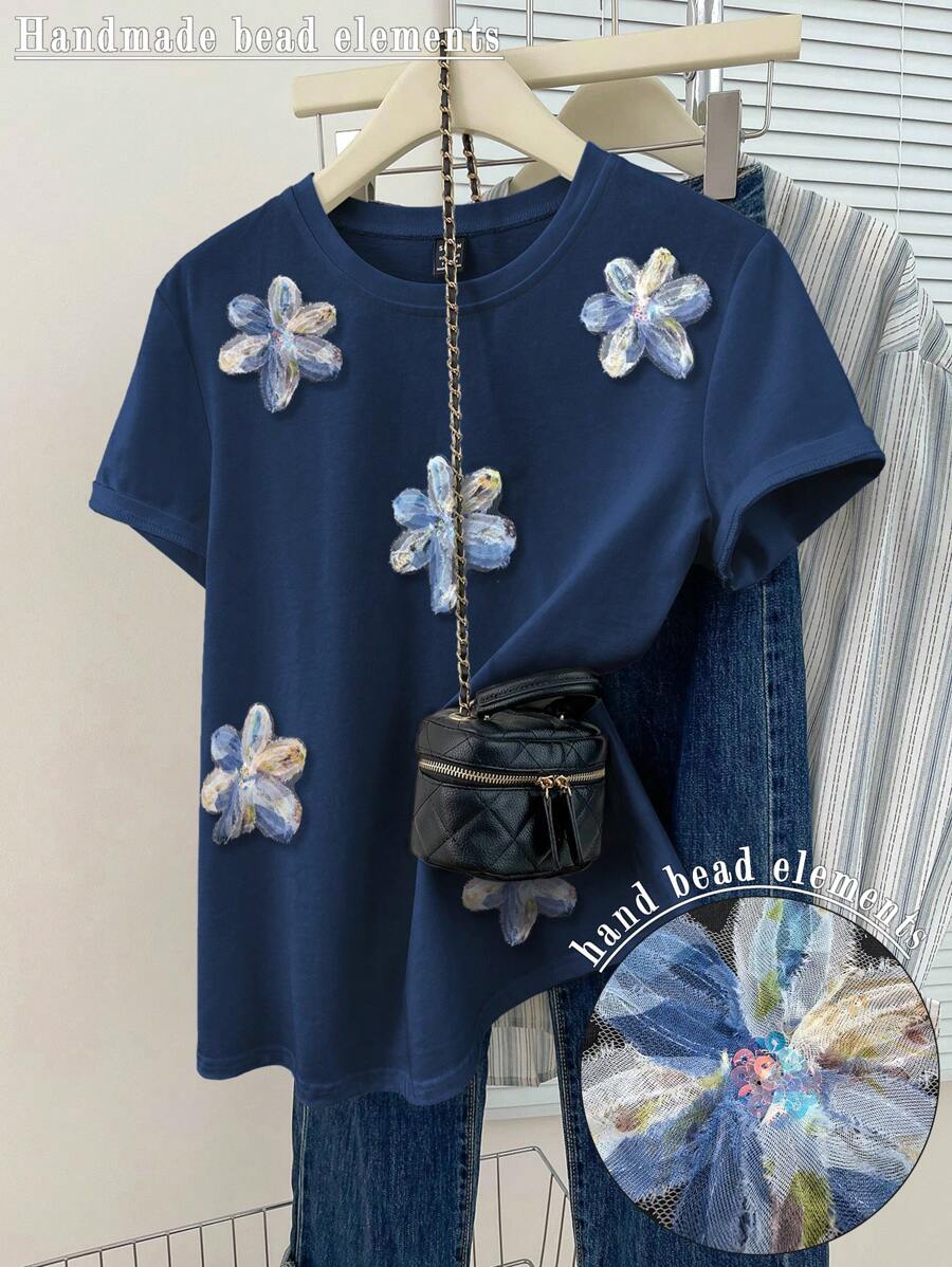 女士休闲短袖 3D 花卉装饰 T 恤 - 藍色 - 查看 1