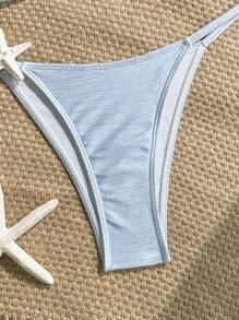 SHEIN Bộ 2 đồ mặc đi biển cho nữ, áo crop top hở lưng vải họa tiết gợi cảm có dây buộc có thể điều chỉnh ở phần dưới bikini - Màu xanh nhạt - Xem 5