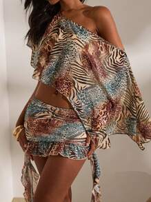 Opulessa 2pcs Set: Woven Animals Printed Loose Off Shoulder Shirt & Fitted Crop Camisole Holiday Outfits,Elegant Style ,Sexy Style, Night Out Outfits,For Autumn And Winter,Sexy Elegant Party,Graduation,Prom,Luxury Evening,National Day - Green - View 1