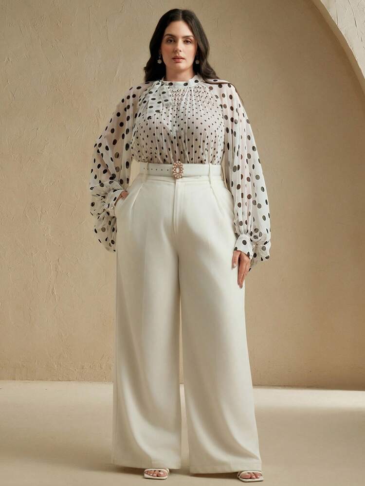 Plus Size Women Polka Dot Pleated Tie Knot Long Sleeve Blouse, Elegant & Versatile For Work & Casual