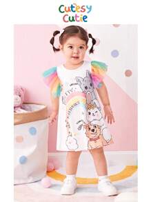 SHEIN Linda Vestido Casual Para Niña Con Patrón De Dibujos Animados Con Malla Multicolor Y Manga Corta, Adecuado Para Verano - Blanco - Ver 1