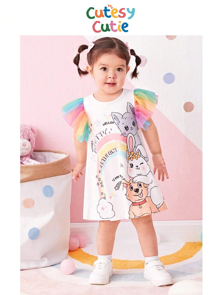 SHEIN Linda Vestido Casual Para Niña Con Patrón De Dibujos Animados Con Malla Multicolor Y Manga Corta, Adecuado Para Verano - Blanco - Ver 1