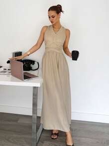 Siren Gaze 女式纯色V领无袖收腰长裙，夏季 - 杏色 - 查看 5