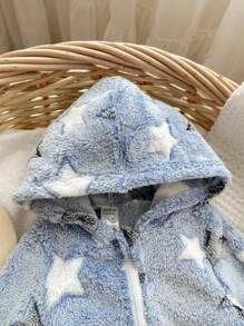 Baby Boys Blue Warm Thermal Lined Star Print Hooded Zipper Front Jumpsuit, All-Match Outfit For Fall & Winter - Blue - View 3