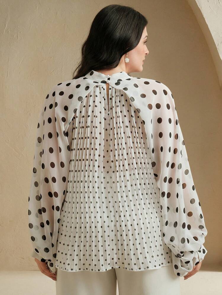 Plus Size Women Polka Dot Pleated Tie Knot Long Sleeve Blouse, Elegant & Versatile For Work & Casual