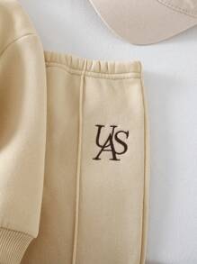 SHEIN 2pcs Baby Girls Outfit, Thermal Lined Warm Personalized Embroidered Letter Hoodie Sweatshirt & Pants Set, Suitable For Outgoing And Home Wear, Autumn/Winter Baby Tracksuit Toddler Co Ord Baby Casual Sets Baby Set Autumn Winter Season Neutral Baby Clothes Fall - Khaki - View 4