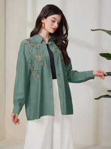 Seusyu Camicia casual da donna con ricamo floreale, adatta per uso quotidiano e pendolarismo - Verde - Visualizzare 4