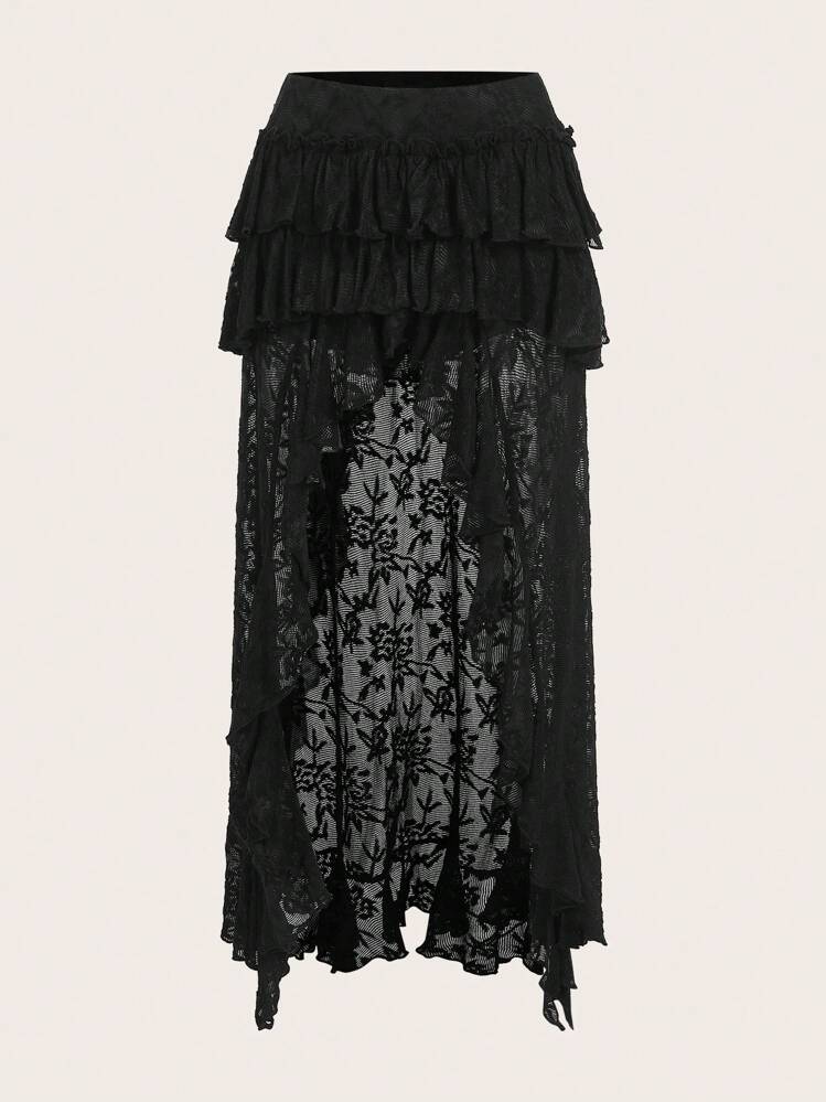 SHEIN ICON Ultra Low-Cut Lace Tiered Front Short Back Long Skirt - Black - View 1