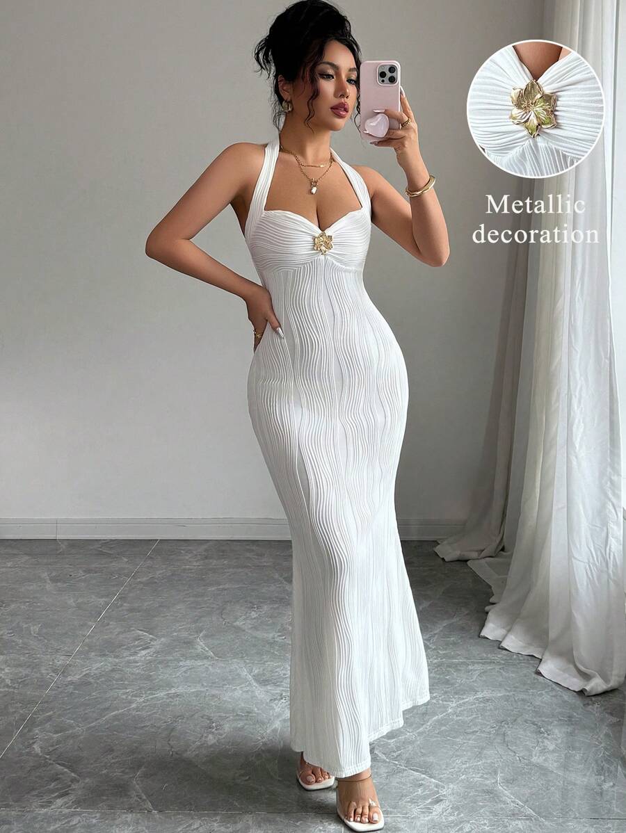 Elenzga Women's Elegant Texture Solid Color Tied Neck Fitted Maxi Fishtail Dress - White - View 1