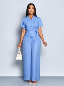 SOLERSUN Women's Spring And Summer Casual Commuting Solid Color Two Pieces Set, Irregular Waist Strap, Waist Tight, Daily Travel Two Pieces Set, Simple Set