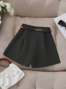 Franclia Petite Shorts Confortáveis e Casuais de Verão para Mulheres, Estilo Chique Francês Versátil em Cor Sólida com Bolso Falso e Cinto - Preto - Visão 2