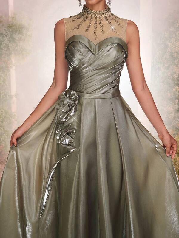 Glamrae Elegant & Luxurious Sparkling Rhinestone + Pearl Design Satin Pleated Open Slit Maxi Dress, Suitable For Weddings, Parties, Vacations, Galas, Formal Occasions (Heavily Embellished)