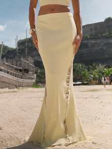 Opulessa Saia feminina elegante de patchwork em renda de cor sólida